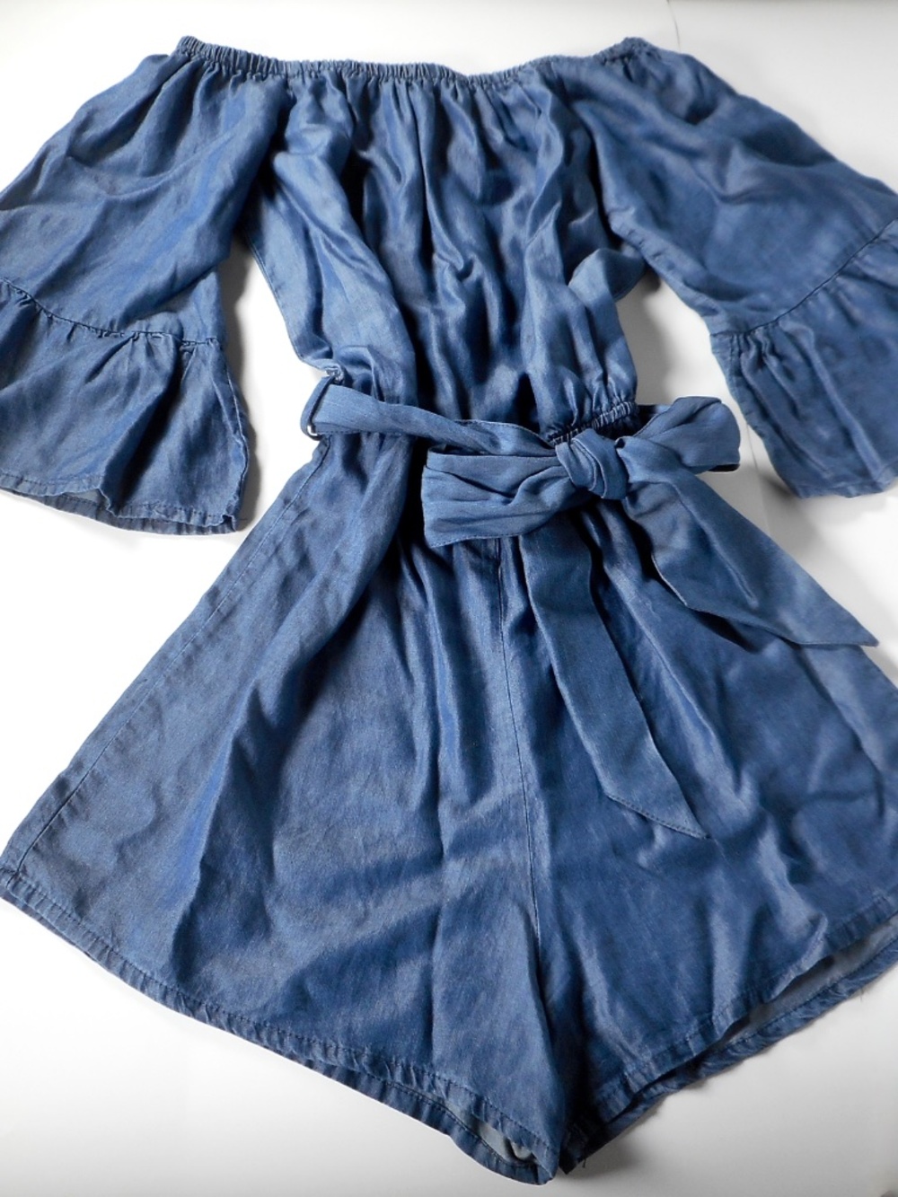 RD Style Blue Denim Sz M Chambray Romper Off-Shoulder Bell Ruffle Sleeve